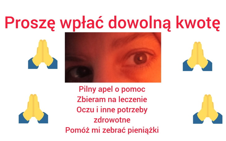 Plakat z prośbą o pomoc finansową na leczenie.