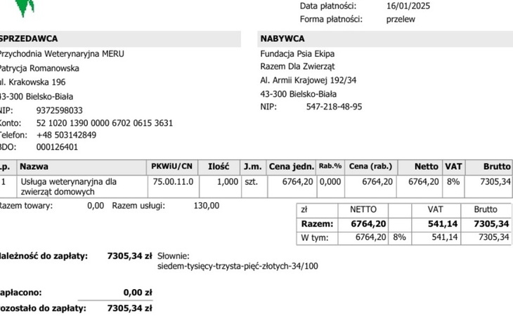 Faktura za usługi weterynaryjne dla zwierząt domowych.
