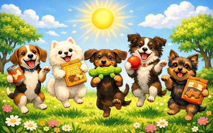 Grupa szczęśliwych psów bawiących się na łące.