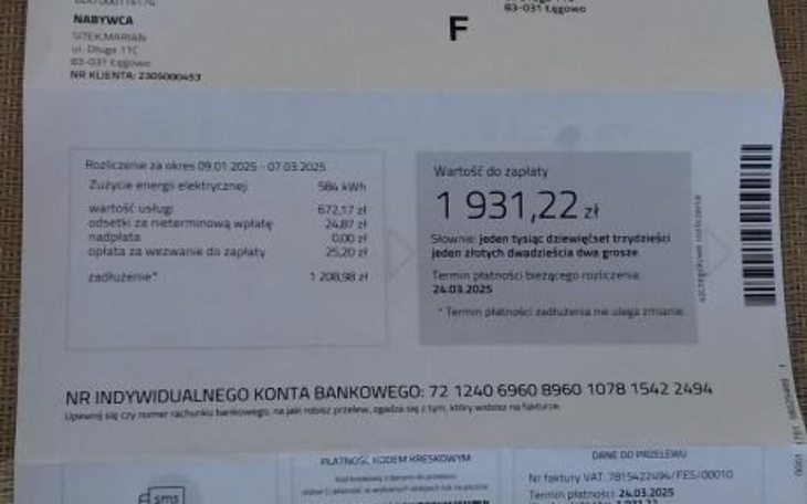 Rachunek z informacjami o płatności.