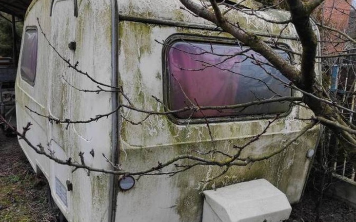 Stara przyczepa kempingowa porośnięta mchem, w otoczeniu drzew.