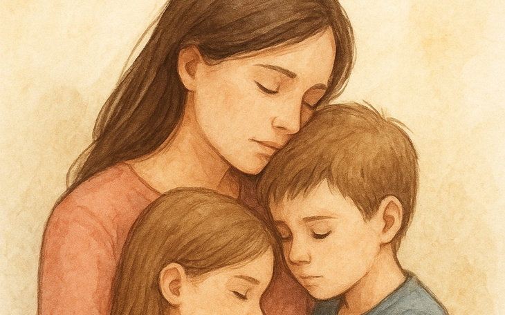 Ilustracja matki z dziećmi, przytulających się.