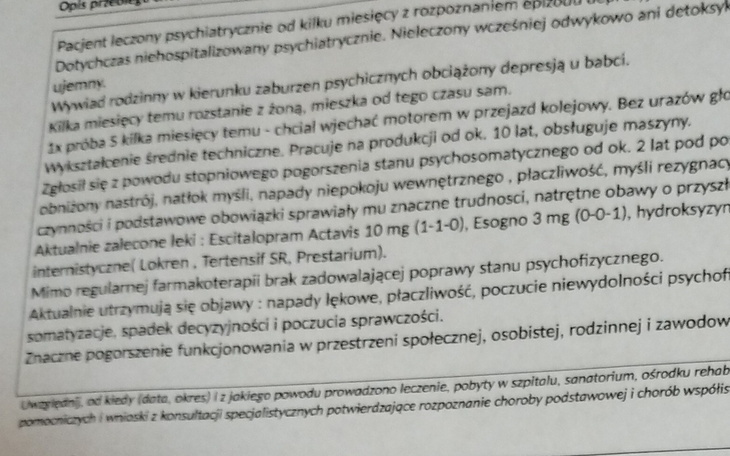 Dokument medyczny dotyczący stanu zdrowia pacjenta.