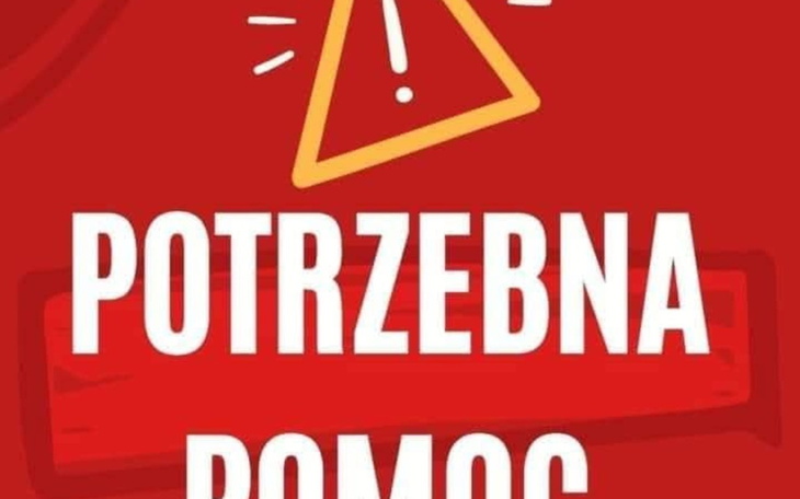 Grafika z napisem 'Potrzebna pomoc' na czerwonym tle.