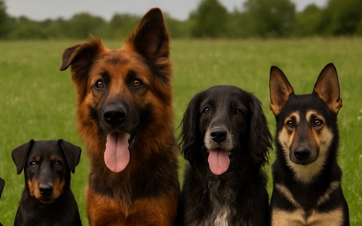 Cztery psy pozujące na zielonej łące, z językami na wierzchu.