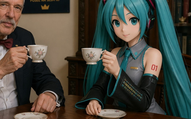 Mężczyzna i postać anime pijący herbatę w eleganckim otoczeniu.