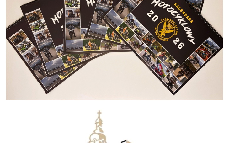 Kalendarz motocyklowy z różnymi zdjęciami motocykli.