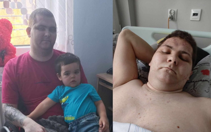 Mężczyzna z dzieckiem w ramionach, obaj w szpitalu.