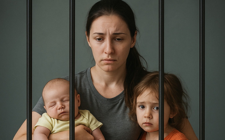 Smutna matka z dziećmi za kratami.