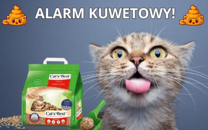 Reklama żwirku dla kotów z wesołym kotem.