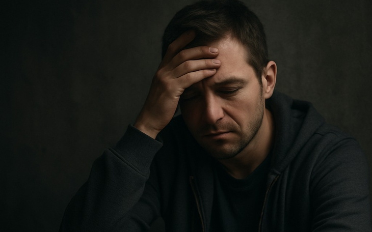 Mężczyzna w szarej bluzie, zmartwiony, trzymając dłoń na czole.