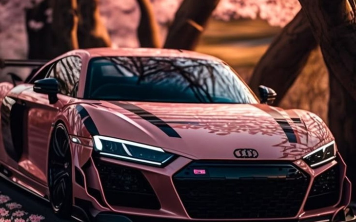 Różowy samochód sportowy w otoczeniu kwitnących drzew.