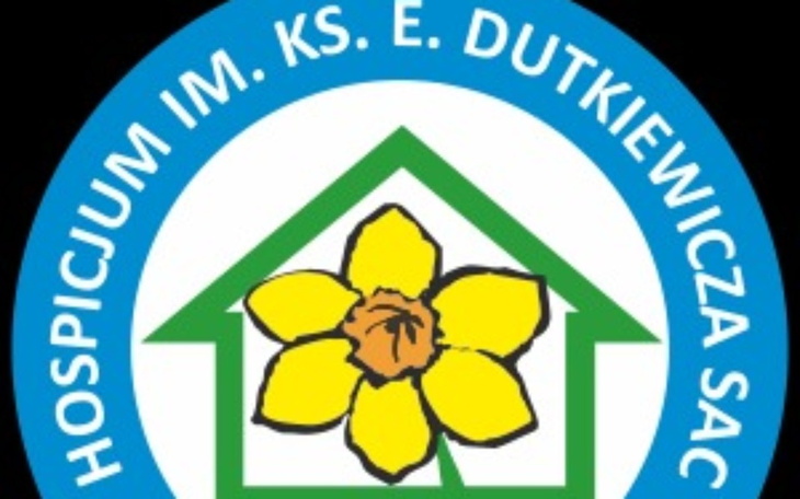 Logo hospicjum z żółtym kwiatem i domem.