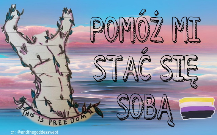 Rysunek z napisem 'Pomóż mi stać się sobą'.