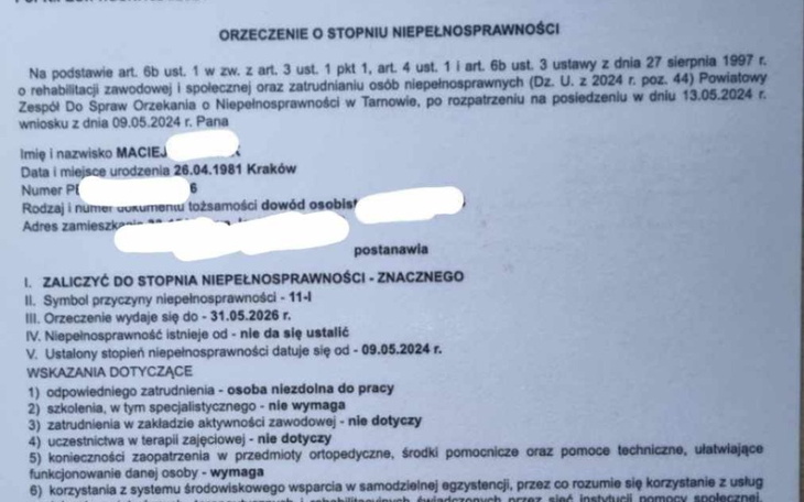 Dokument potwierdzający stopień niepełnosprawności.