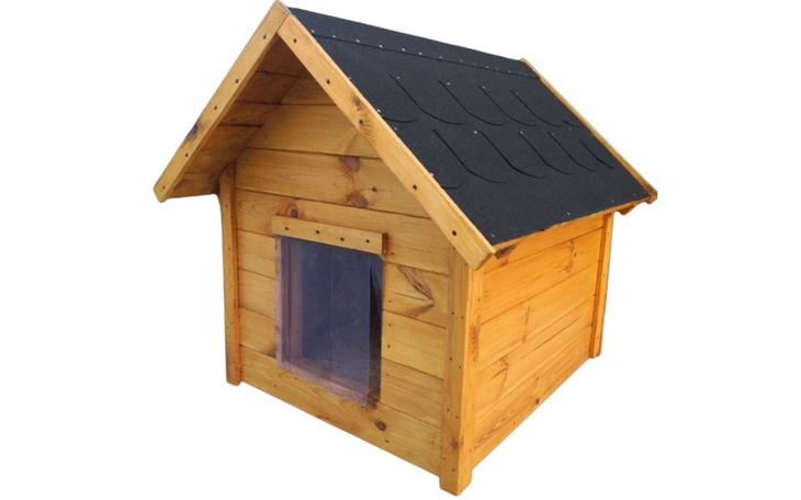 Domek dla psa, drewniana konstrukcja z dachem.