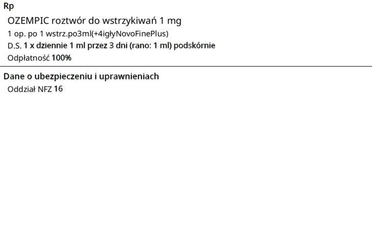 Recepta na lek, z danymi pacjenta i zaleceniami.