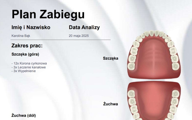 Dokument medyczny z planem zabiegu stomatologicznego.
