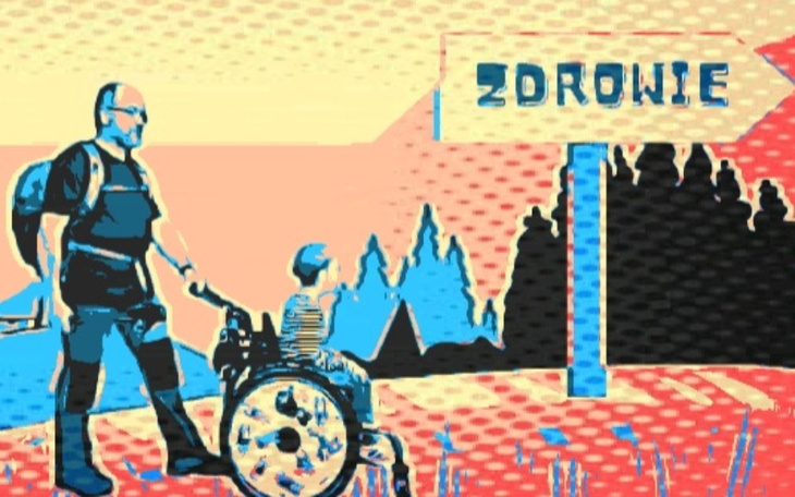 Mężczyzna prowadzący dziecko w wózku, kierunek zdrowie.