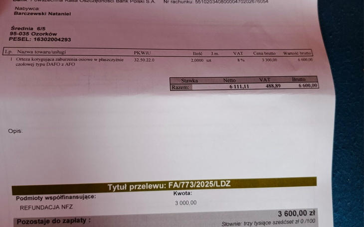 Dokument z informacjami o płatności i refundacji.