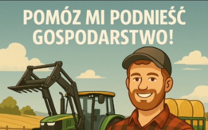 Ilustracja z mężczyzną i ciągnikiem, zachęcająca do wsparcia gospodarstwa.