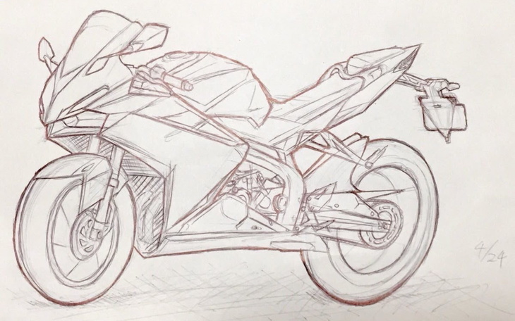 Szkic motocykla, przedstawiający nowoczesny design.