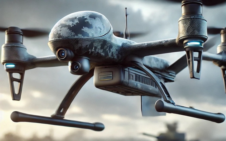 Dron w locie, z widokiem na otoczenie.