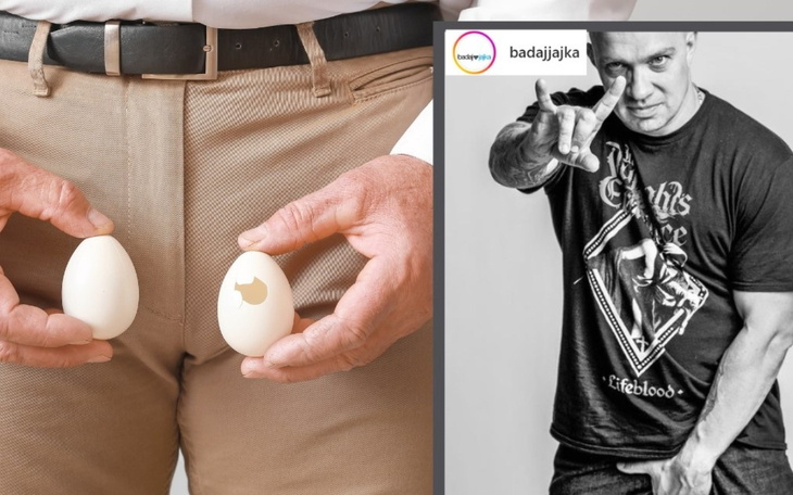Mężczyzna trzyma dwa jaja, jedno z nich ma pęknięcie.