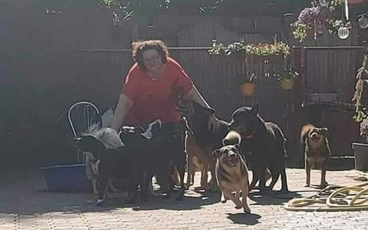 Kobieta otoczona przez grupę psów na podwórku.