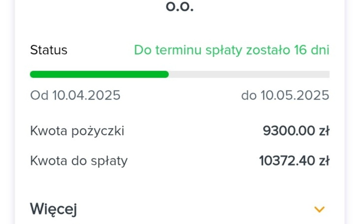 Zrzut ekranu z aplikacji, pokazujący status pożyczki.