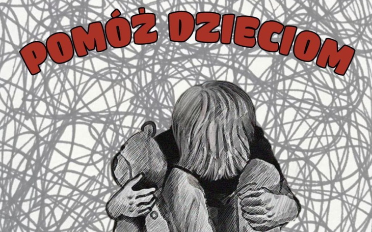 Ilustracja dziecka przytulającego misia z napisem 'Pomóż dzieciom'.