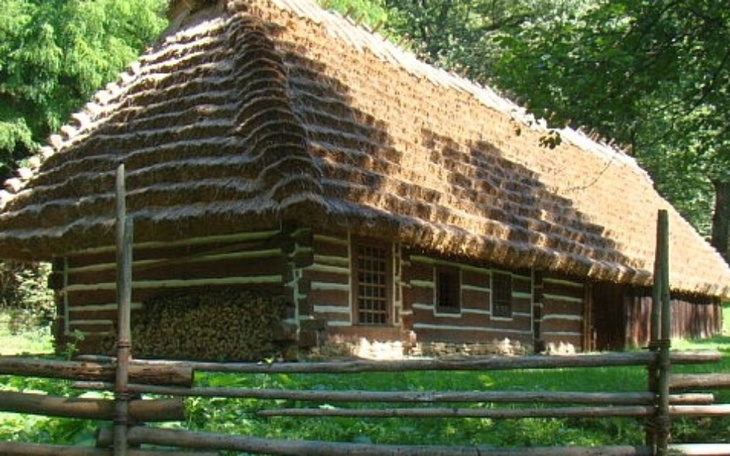 Tradycyjny drewniany domek z trawiastym dachem w otoczeniu natury.