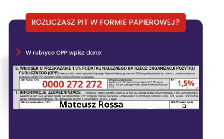 Formularz PIT z danymi do przekazania 1,5% podatku.