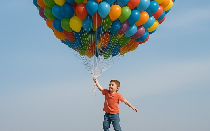 Chłopiec trzymający balony, unosi się w powietrzu z radością.