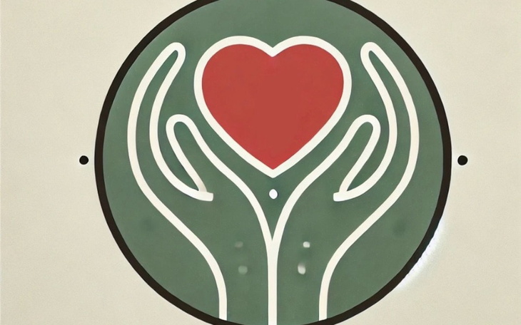 Logo z dłońmi trzymającymi serce na jasnym tle.