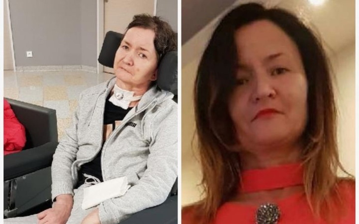 Kobieta w szarej bluzie, siedzi na wózku inwalidzkim.