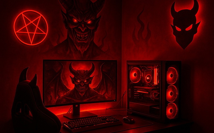 Ciemny pokój z komputerem i demonami na ścianach.