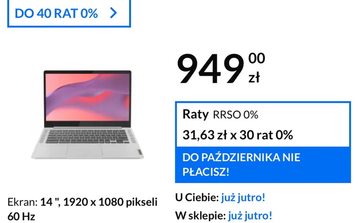 Laptop z ekranem 14 cali, 1920 x 1080 pikseli, cena 949 zł.