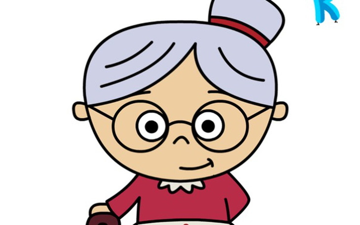 Rysunkowa babcia z okularami, trzymająca garnek.