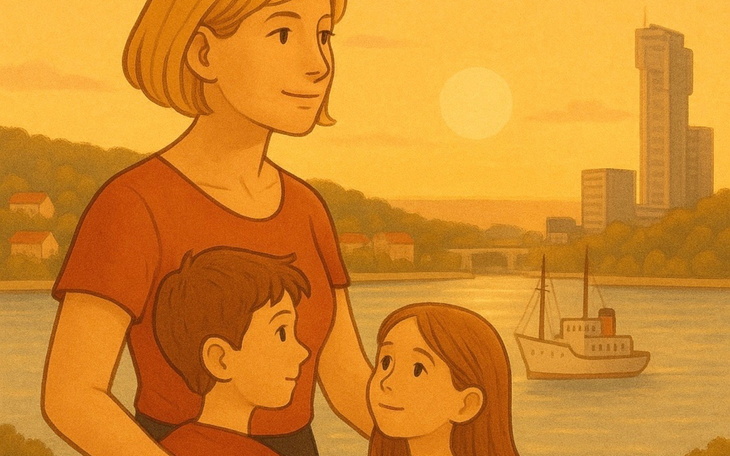 Ilustracja matki z dziećmi nad rzeką, w tle zachód słońca.