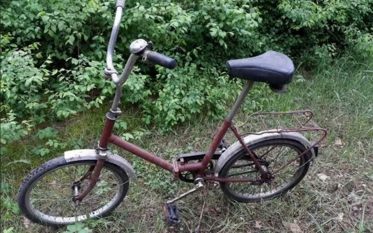 Stary rower porzucony wśród zieleni.