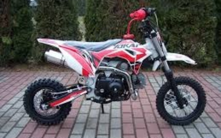 Motocykl terenowy w czerwono-białych kolorach na tle zieleni.