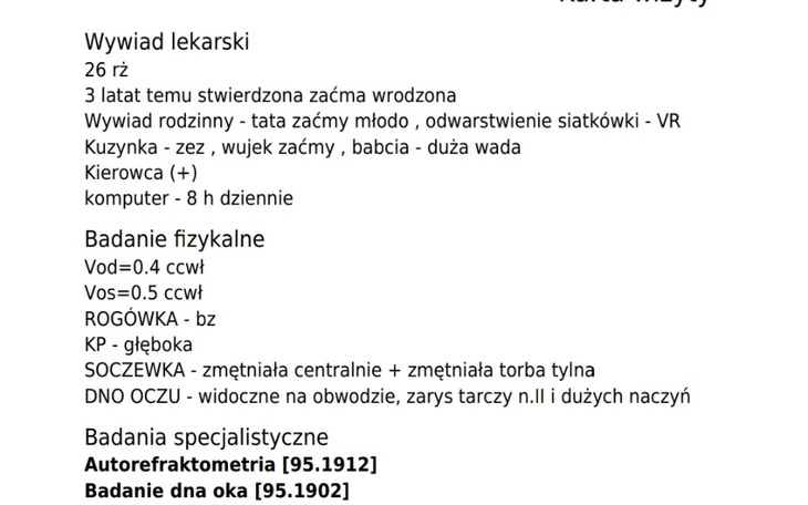 Dokument medyczny z wynikami badań i informacjami o pacjencie.