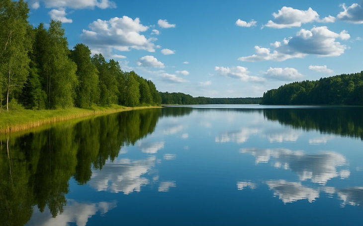 Spokojny widok na jezioro z odbiciem chmur.