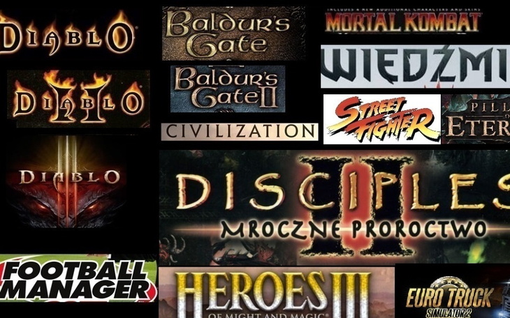 Kolaż logo znanych gier komputerowych.
