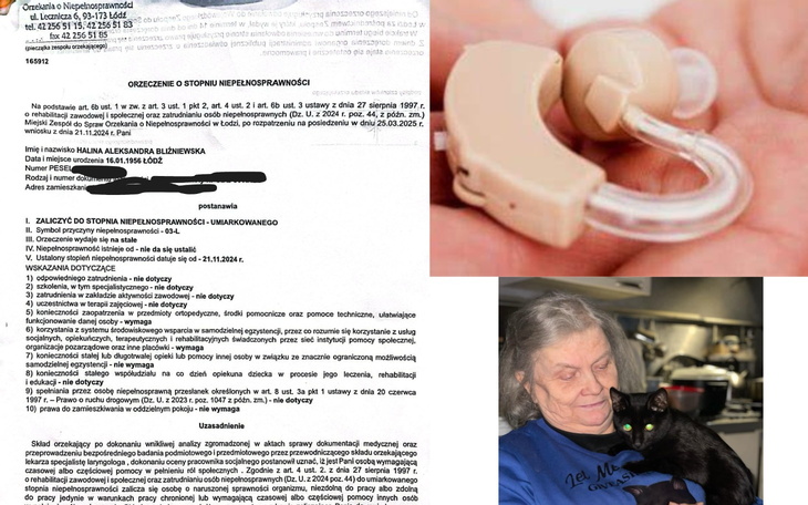 Dokumenty dotyczące niepełnosprawności oraz zdjęcie kobiety z kotem.