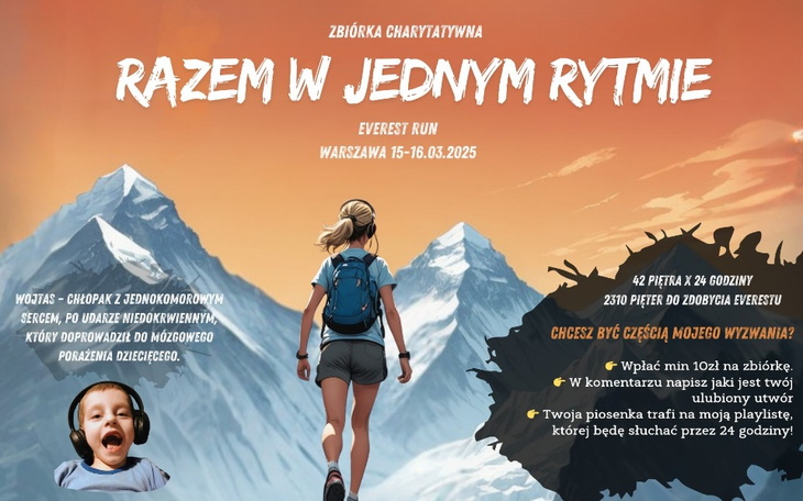 Plakat wydarzenia charytatywnego w Warszawie, bieg Everest Run.