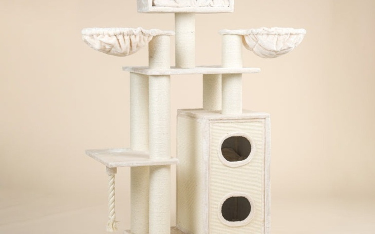 Drewniana drabinka dla kotów w jasnym kolorze.
