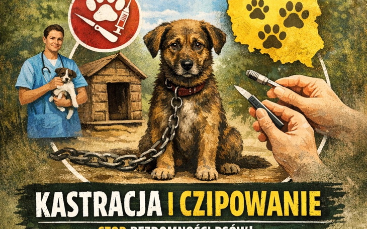 Plakat o kastracji i czipowaniu psów.
