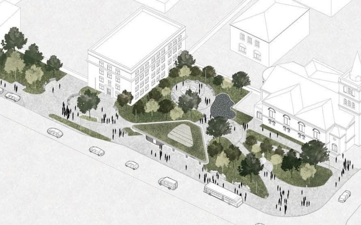 Plan zagospodarowania przestrzeni z zielenią i budynkami.